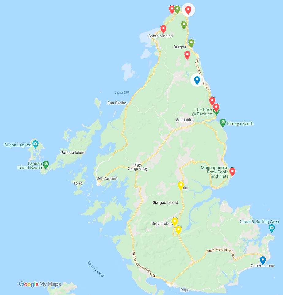Map of Siargao showing points of interest in Pacifico Siargao and in north Siargao