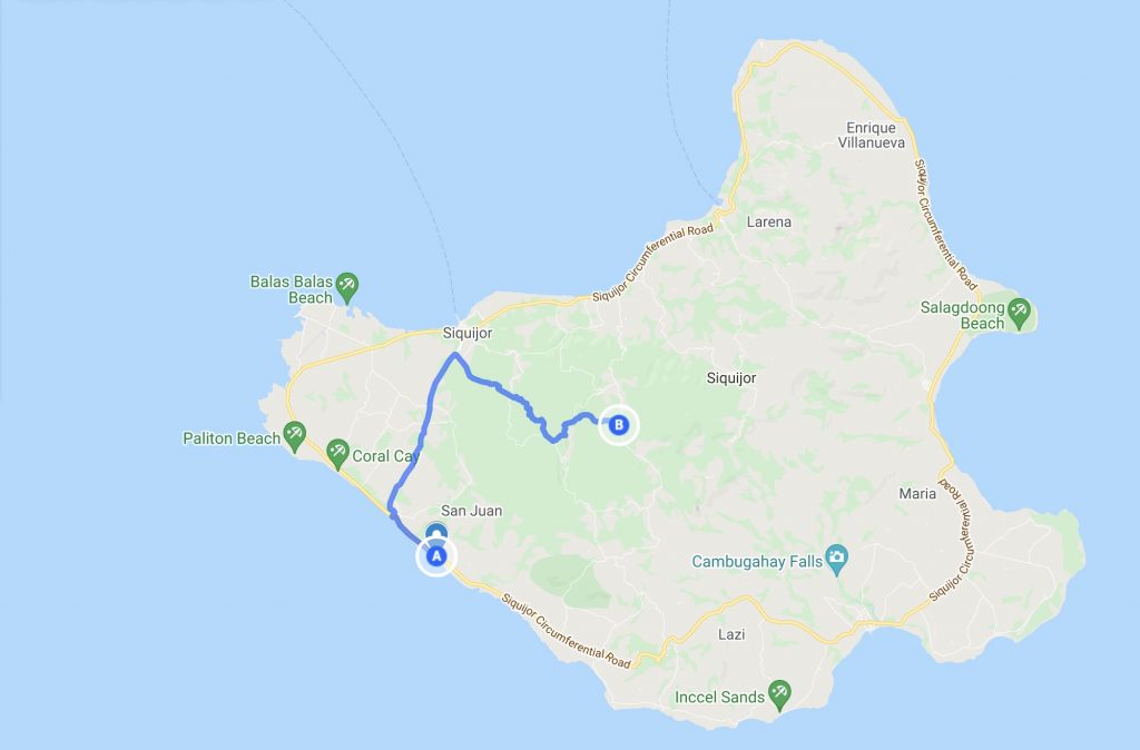 Siquijor Map showing location of Cantabon Cave and the route from San Juan to Cantabon Cave