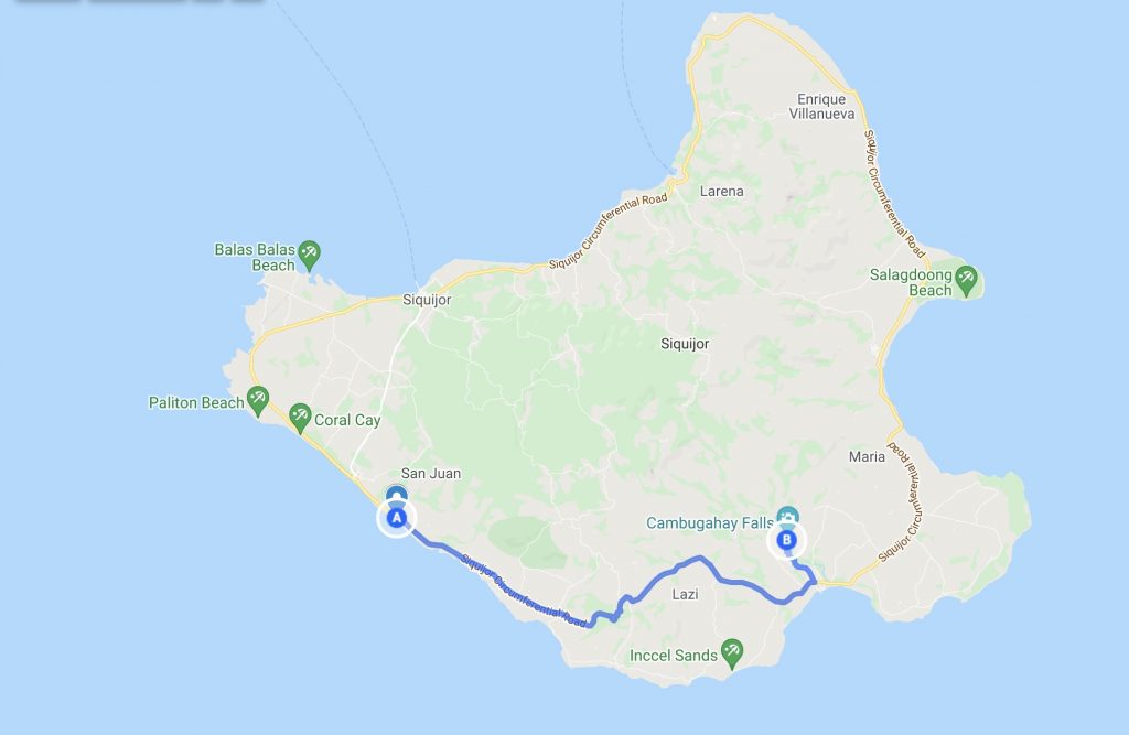 Siquijor Map with route from San Juan to Cambugahay Falls