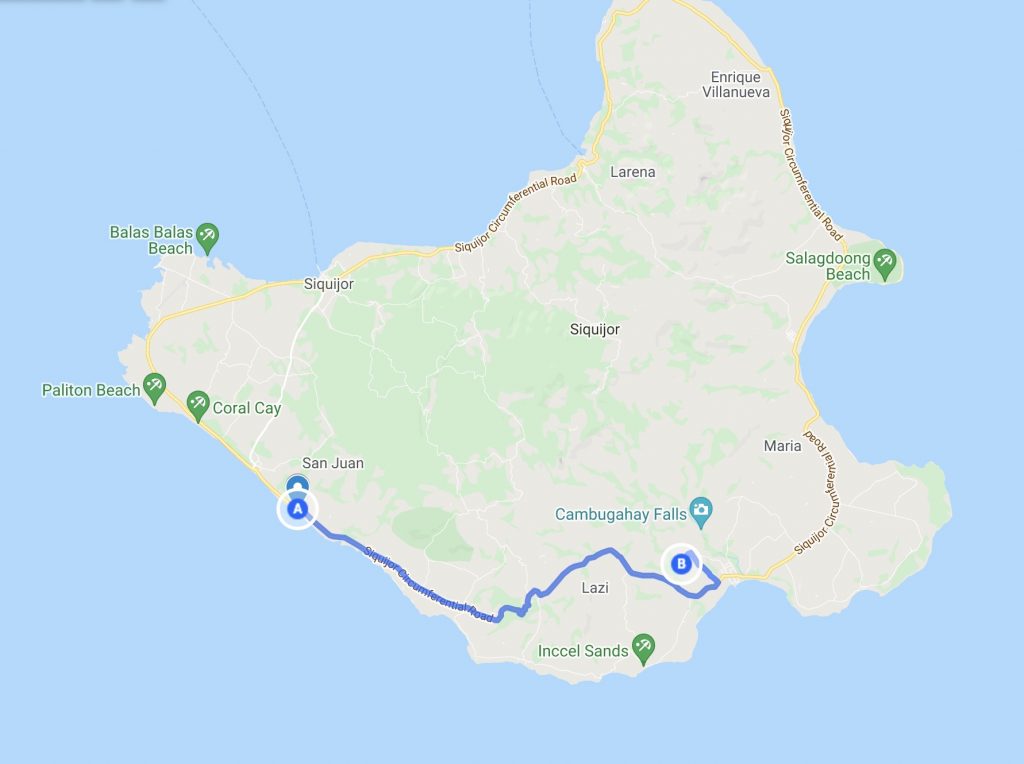 Siquijor map with route from San Juan to Kawasan Falls and cave