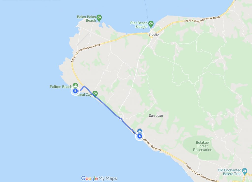 Map of Siquijor with route from San Juan to Paliton Beach