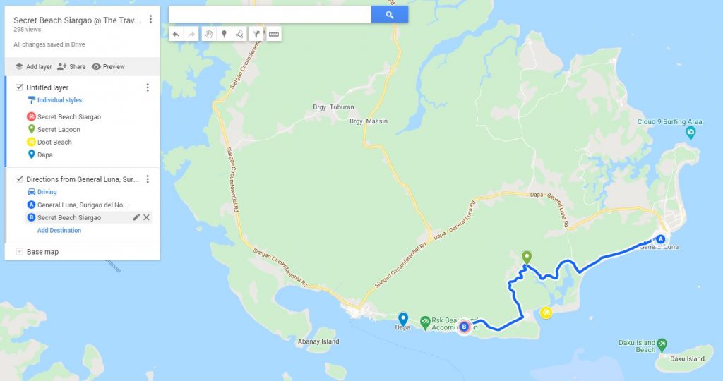 Map showing route from General Luna town to Secret beach. It also shows the location of a lagoon we came across on our way to Secret beach Siargao and another beach in Siargao which is Doot Beach.