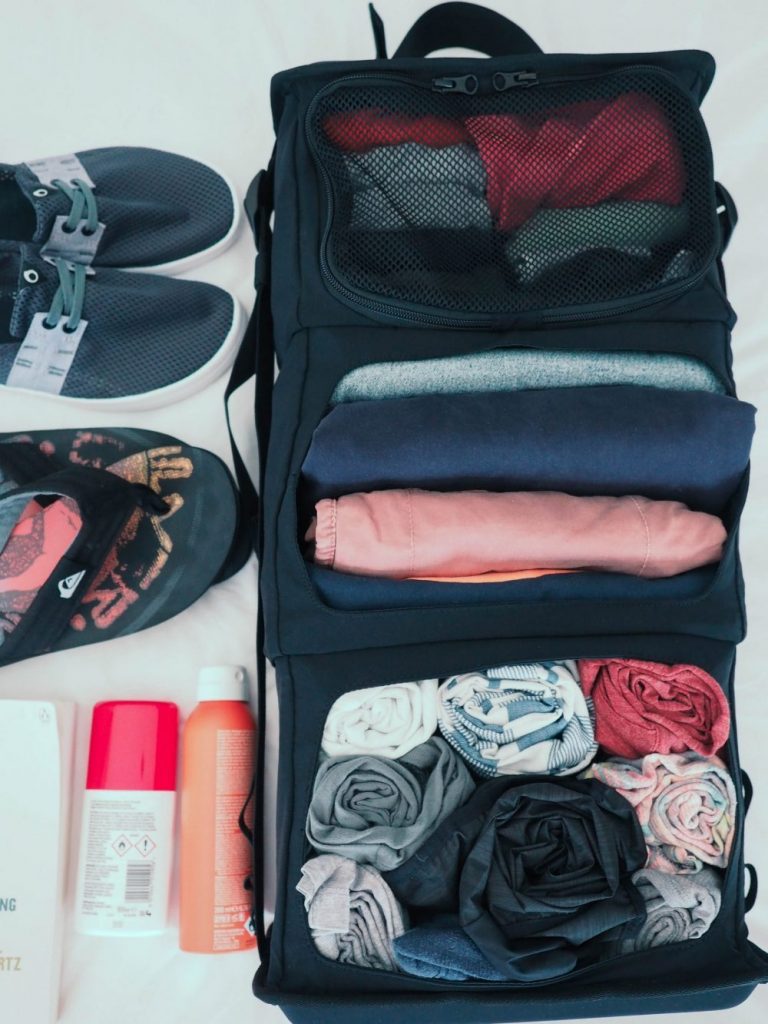 all our travel essentials organized in this handy travel wardrobe