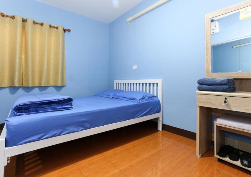 Places to stay in Kanchanaburi. A clean room with blue walls and bedding