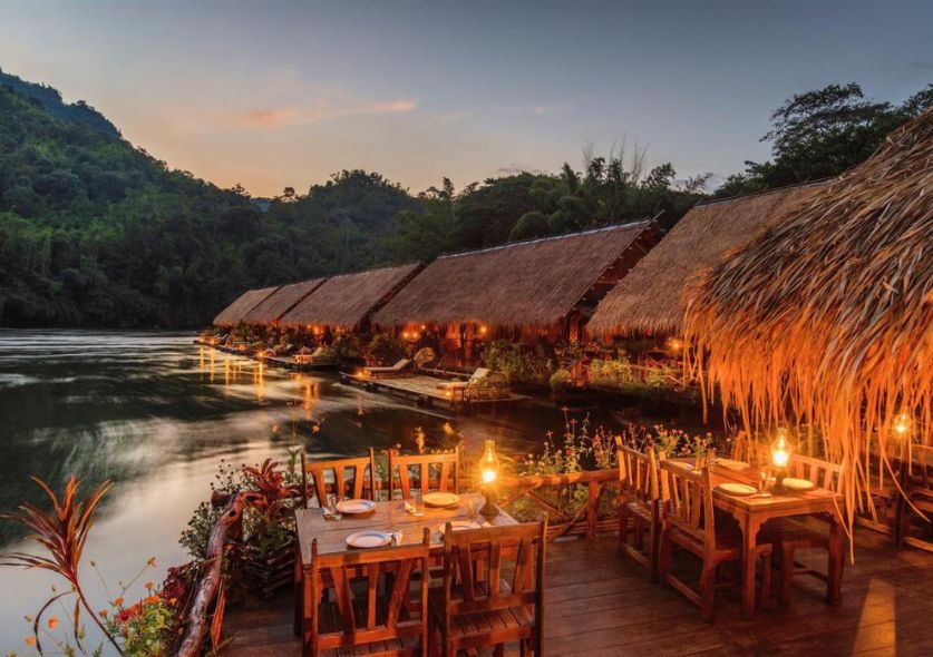 Raft floating in the river Kwai at dusk