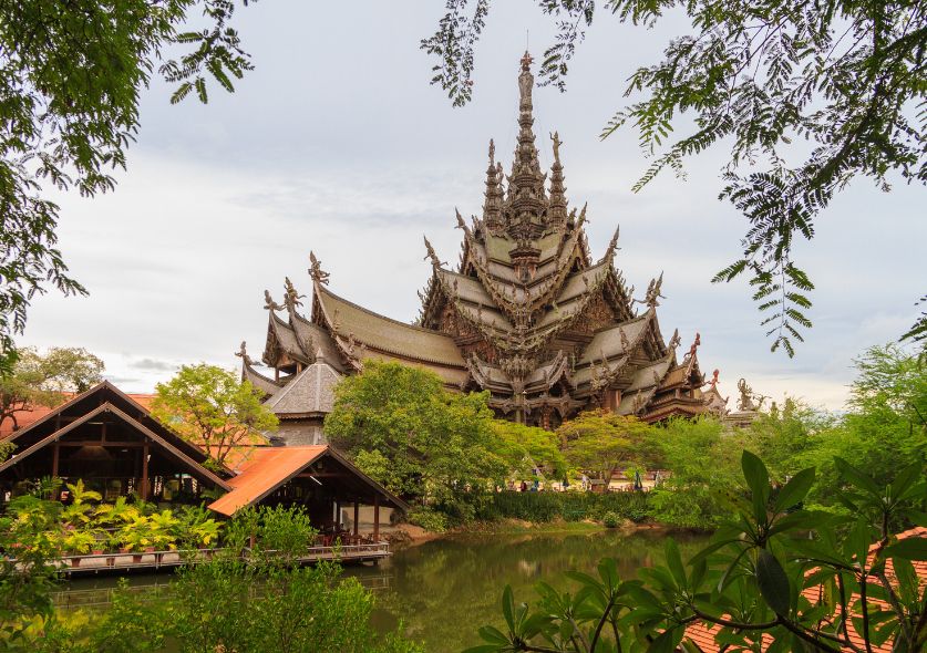 The sanctuary of truth in Pattaya. An intricately carved wooden temple