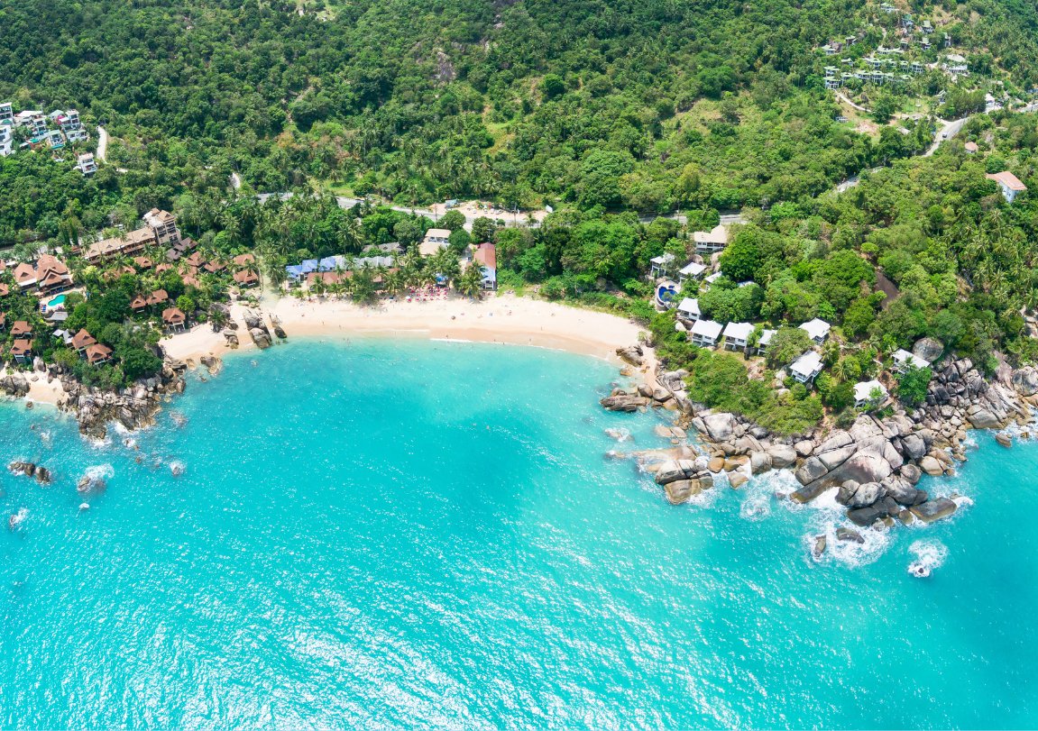 Coral cove beach Koh Samui. Aerial view of tropical beach with turquoise waters